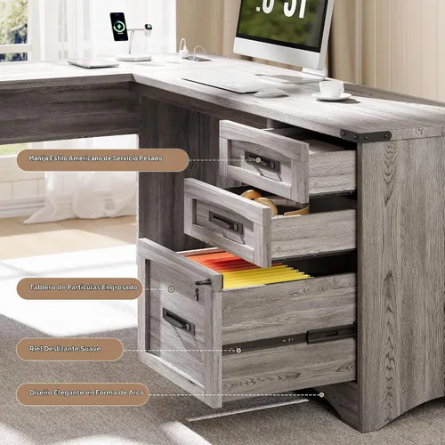 Vista 5 de Decofy L Shaped Farmhouse Executive Desk with Drawers, Grey Gris