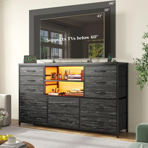 Vista 3 de EnHomee - Cómoda negra con luces LED y estación de carga, soporte de TV para televisor de 60 pulgadas, cómodas anchas y cómodas con estantes