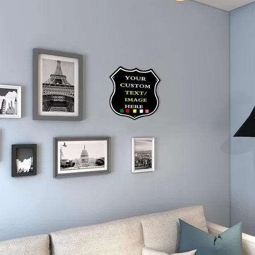 Vista 4 de Letreros de metal personalizados con forma de escudo, letreros de estaño personalizados con imagen de texto, imagen, letreros de aluminio