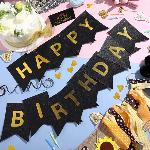 Vista 6 de Clabby Cartel de feliz cumpleaños negro con purpurina con letras brillantes de feliz cumpleaños con purpurina brillante para colgar suministros