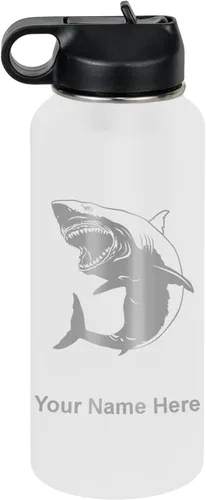 Vista 33 de LaserGram Botella de agua personalizada, gran tiburón blanco, acero inoxidable de doble pared aislada al vacío con popote superior, regalo grabado