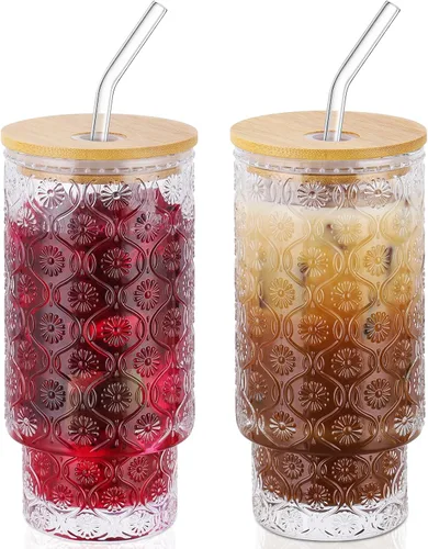 Vista 11 de Vasos de vidrio de 15 onzas con tapas y pajitas, cristalería vintage en relieve para whisky, cóctel, cerveza, taza de café helado con tapa