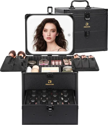 Vista 19 de Relavel - Bolsa de maquillaje con espejo LED, estuche de maquillaje para viajes en tren con espejo iluminado recargable y divisores ajustables Negro