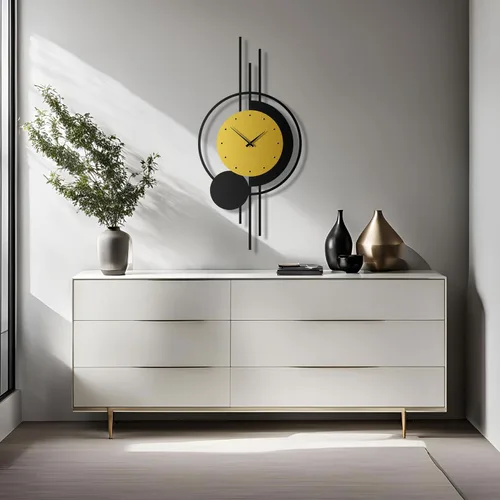 Vista 8 de pluviart Reloj de pared geométrico dorado y negro, reloj de metal silencioso grande, arte de pared moderno de mediados de siglo para sala de estar