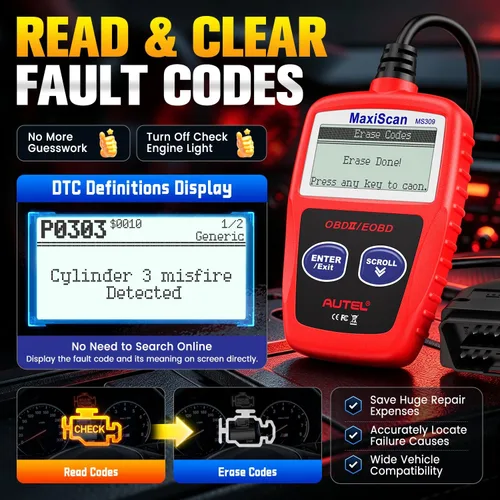 Vista 3 de Autel OBD2 Escáner MS309 Universal para Coche, Lector de Códigos de Fallas del Motor, Comprueba la Luz de Verificación del Motor y el Estado