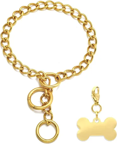 Vista 8 de Collar de perro dorado resistente con gancho de cierre de anillo, cadena de eslabones cubanos de 0.59 pulgadas, cadena de metal ajustable de acero