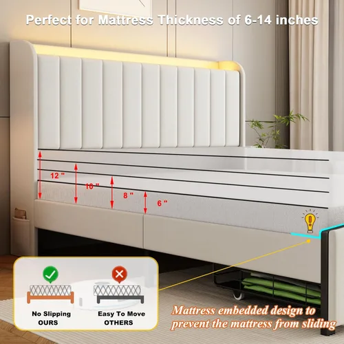 Vista 6 de Base de cama tamaño matrimonial con cabecera de almacenamiento y 2 cajones, base de cama tapizada con luces LED y práctica estación de carga,