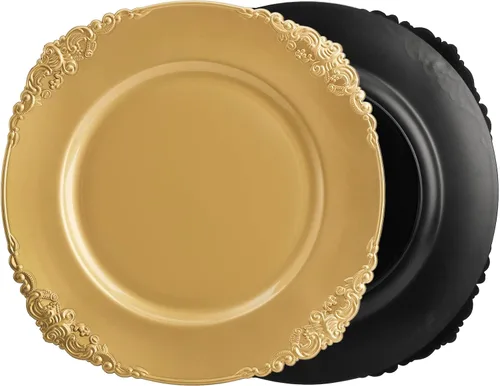 Vista 5 de Okllen Paquete de 12 Platos Base Dorados, Platos Base Redondos para Cena de 13" con Borde en Relieve para Catering, Boda, Decoración de Mesa