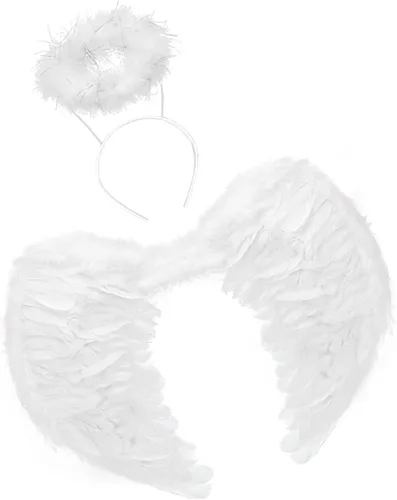 Vista 2 de Alas de ángel para niños y adultos, diadema con halo de plumas blancas, disfraz de ángel de hadas para fiesta, cosplay elegante para mujer