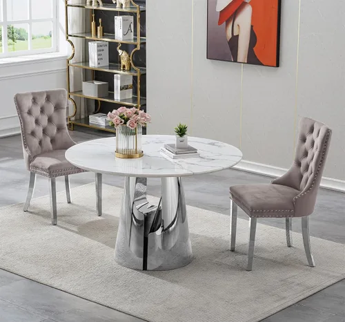 Vista 23 de SSLine Mesa de comedor redonda de mármol sintético blanco para 4-6, mesa de Mesa de oro blanco