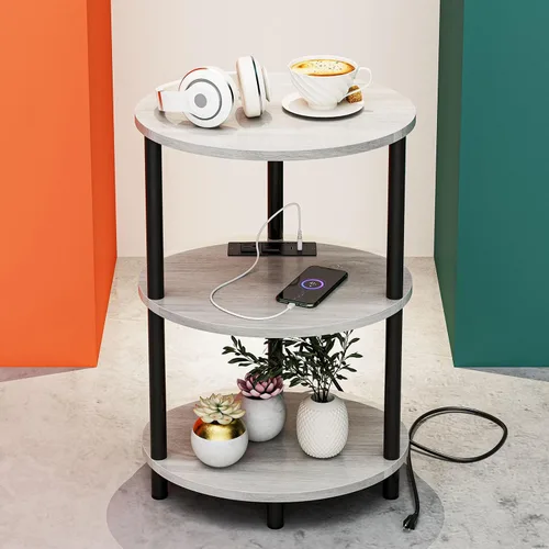 Vista 18 de Mesa auxiliar redonda pequeña, mesa decorativa ovalada de 3 niveles para espacios pequeños, mesita de noche de madera rústica y metal para sala