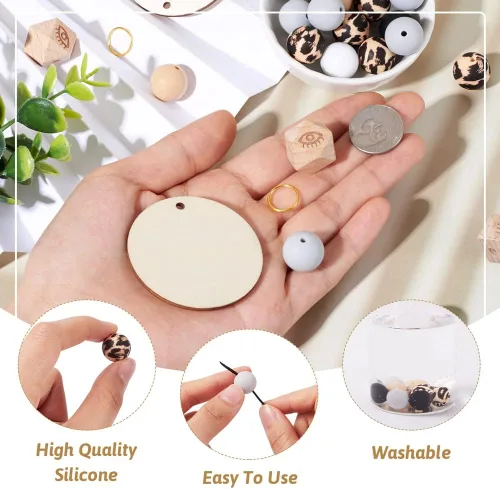 Vista 4 de Kit de fabricación de pulseras de silicona, 64 cuentas redondas de silicona con 4 cuentas de madera octágonas con patrón de ojos, 4 colgantes