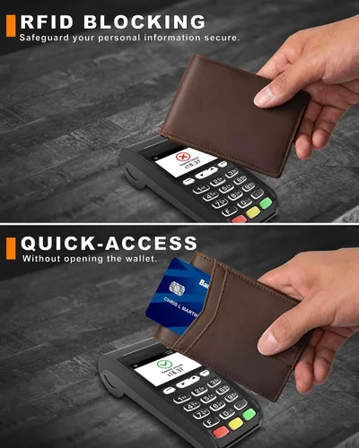 Vista 35 de Billetera AirTag para hombre, de piel auténtica plegable con bloqueo Rfid AirTag con ranuras para efectivo y ventana de identificación, compatible