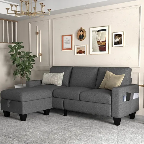 Vista 9 de ZeeFu Sofá para sala de estar – Sofá seccional en forma de L de lino beige de 78 pulgadas con otomana de almacenamiento – Moderno sofá tapizado