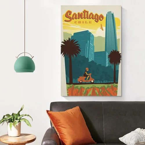 Vista 4 de Póster de Chile Santiago, impresión de póster de viaje de Países del Mundo, impresión vintage de lienzo de mediados de centavo, arte de pared