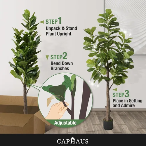 Vista 7 de CAPHAUS Árbol de higuera artificial de hoja de violín, 6/7 pies en maceta con musgo seco, para casa, oficina, tienda, árbol sintético de ficus