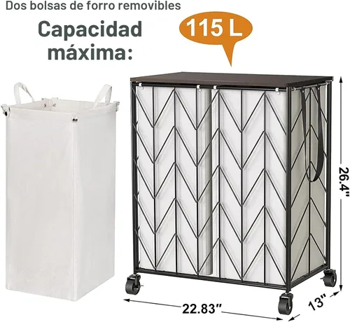 Vista 3 de WOWLIVE Cesta de lavandería con ruedas, cesta de lavandería resistente con tapa de madera, cesta de ropa con bolsa interior extraíble dividida
