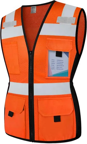 Vista 10 de TCCFCCT Chaleco de seguridad para mujeres, 11 bolsillos, chaleco reflectante de malla con cremallera, chaleco de trabajo de construcción de neón