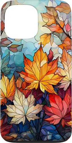 Vista 23 de iPhone 15 Otoño hojas de arce vitrales estilo abstracto caso