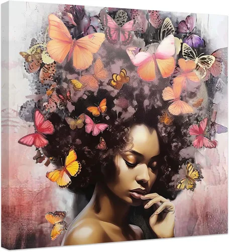 Vista 7 de CCWACPP Lienzo africano americano para pared, diseño de mujeres negras y azules y doradas, pintura de mariposas y mujeres africanas para decoración