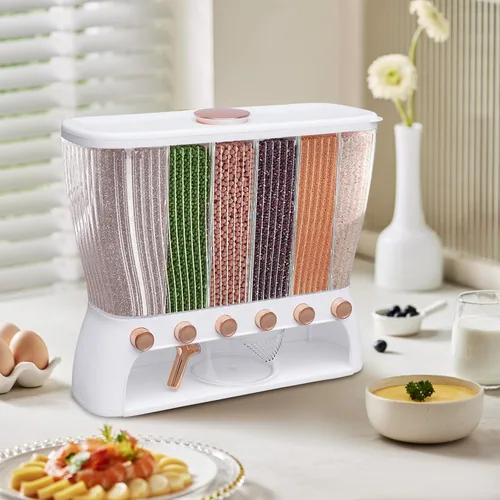 Vista 9 de Dispensador de alimentos secos, dispensador de 6 granos de rejilla montado en la pared, dispensador de arroz de 25 libras (22.0 lbs), almacenamiento
