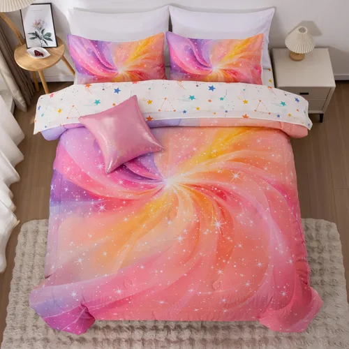 Vista 12 de Btargot Juego de edredón súper suave de 6 piezas con patrón de estrellas en degradado y anillo, juego de ropa de cama con rayas onduladas