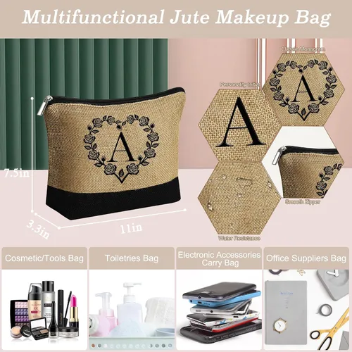 Vista 4 de Bolsa de yute con inicial y bolsa de maquillaje, bolsa de mano con monograma bordado, regalos de cumpleaños personalizados para mujeres y madres