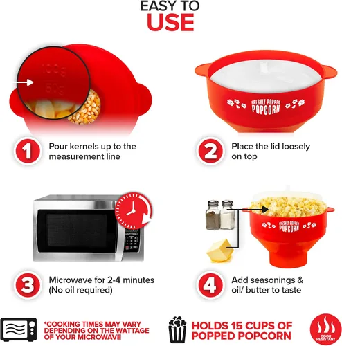 Vista 3 de Palomitas de maíz de silicona para microondas (rojo) para hacer palomitas de maíz, no requiere aceite, cuenco plegable con tapa, reutilizable, sin