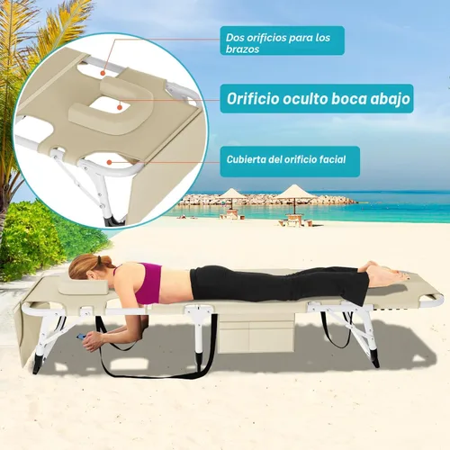 Vista 7 de ABORON - Silla de bronceado 3 en 1 extragrande con tapete y reposabrazos, tumbonas plegables resistentes, 5 posiciones para exteriores, para playa
