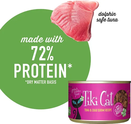 Vista 5 de Tiki Cat - paquete de 8, lata de 6 onzas, atún Lanai Luau en consomé de surimi de cangrejo Wet Cat Food, High Protein, Real Flaked Tuna and Crab