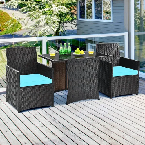 Vista 3 de COSTWAY Juego de muebles de ratán de patio, 3 piezas, cojín para sofá, reposabrazos de jardín, turquesa