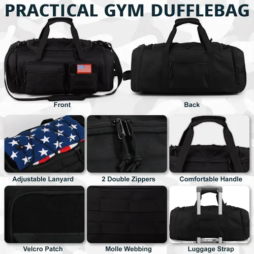 Vista 6 de Bolsa táctica de gimnasio para hombres, 50L grande 3 en 1 bolsa deportiva con compartimento para zapatos para viajes, mochila de viaje resistente al