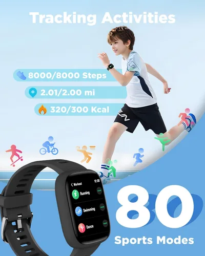 Vista 3 de BIGGERFIVE Reloj inteligente para niños, reloj de seguimiento de actividad física de 1.8", podómetro, frecuencia cardíaca, IP68 resistente al agua