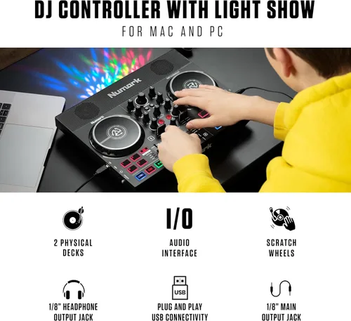 Vista 2 de Numark Party Mix Live DJ Controller con altavoces, luces, 2 cubiertas, mezclador, interfaz de audio y Serato Lite