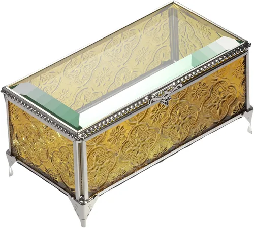 Vista 2 de Joyero de cristal rectangular vintage con tapa con bisagras, anillo de joyería, pulsera, caja de exhibición de metal de recuerdo, caja