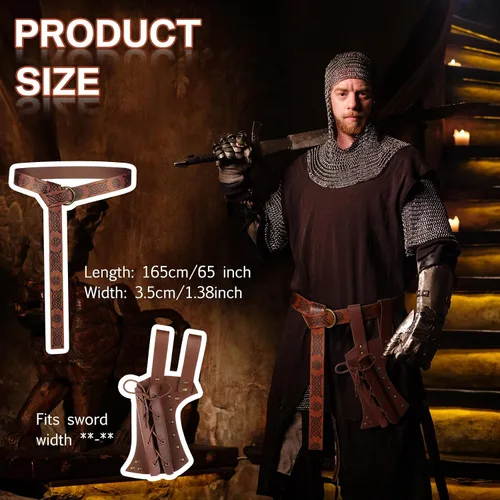 Vista 2 de Accesorio vikingo medieval de Halloween, cinturón de espada de cuero, espada de rana con cinturón, cinturón de soporte de espada de caballero