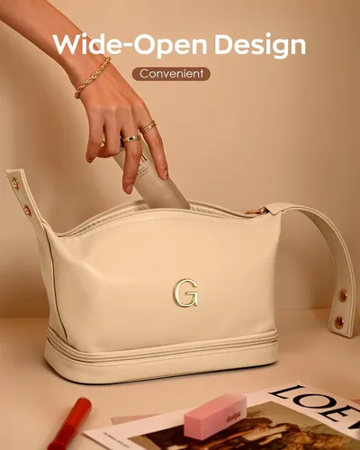 Vista 4 de Bolsa de maquillaje con asa, bolsa de cosméticos impermeable de doble capa, bolsas de maquillaje de cuero PU de gran capacidad con letra, bolsa