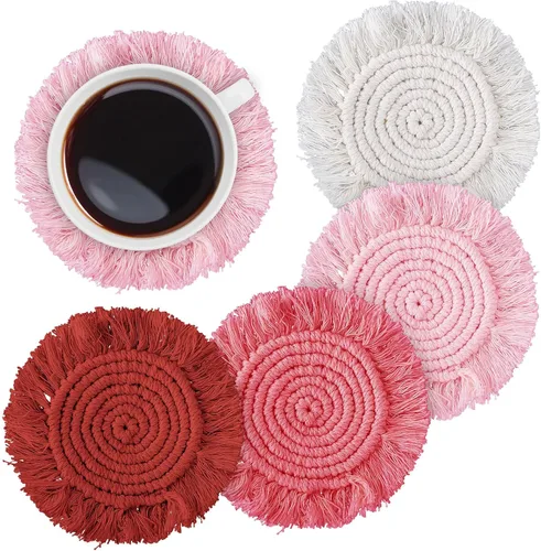 Vista 9 de Whaline Juego de 4 posavasos de macramé bohemios, hechos a mano, tejido a mano, tapete bohemio con borla para el hogar, cocina, oficina, fiesta Tema