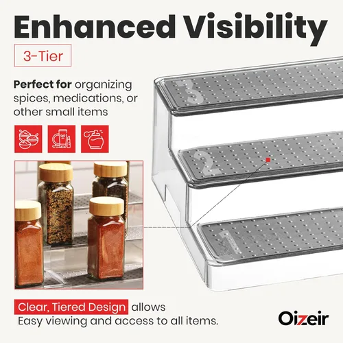 Vista 4 de Oizeir Estante organizador de especias expandible – 3 niveles – Estante transparente ajustable para organización de especias para armario de cocina