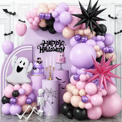 Vista 9 de Kit de arco de globos de Halloween con globos de estrella de explosión de calabaza de aluminio, kit de guirnalda de globos negros, naranjas y beige
