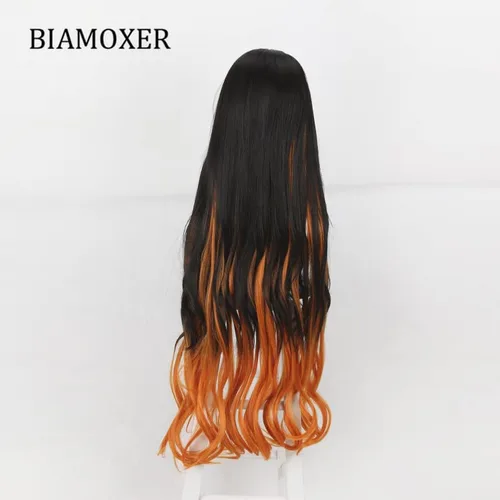 Vista 5 de Peluca de cosplay de 37.4in Nezuko Kamado Cosplay Pelucas Anime Demon Slayer Kimetsu no Yaiba Peluca de pelo largo degradado Cosplay