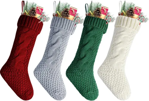Vista 5 de Calcetines navideños de punto trenzado a granel, color azul, 18 pulgadas, para decoración navideña, paquete de 4