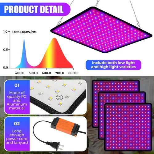 Vista 3 de Liliful 4 paneles de luces de cultivo artificiales de espectro completo de 200 W con 225 LED para interior y exterior para tienda de campaña de Azul