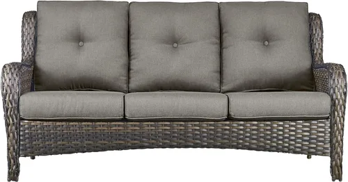 Vista 11 de Sofá Pop Patio de 2 plazas para exteriores con cojines gruesos de botones, respaldo alto, muebles de ratán de mimbre marrón resistentes y cómodos