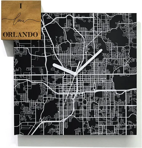 Vista 43 de Modern Wall Clock - Black Aluminum with Silver Fiber Laser Engraving - Square - Contemporary Design - Personalized City Map - Home Town - Location