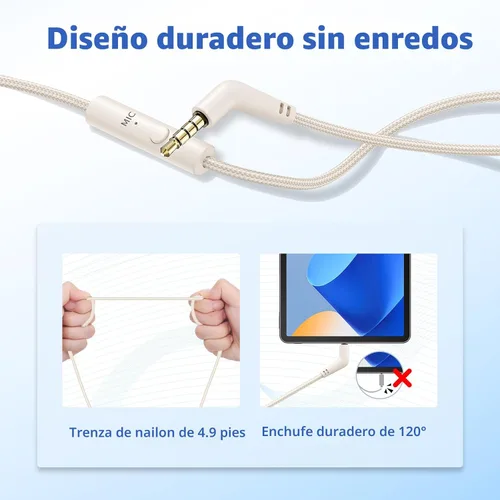 Vista 6 de Botesty Sound Auriculares con cable con micrófono, plegables sobre la oreja de 0.138 in con cable con cable de nailon sin enredos de 4.9 pies
