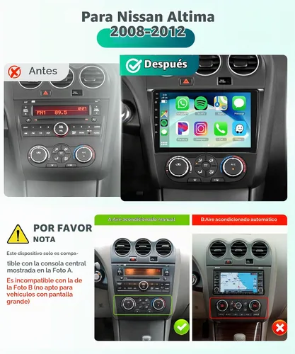 Vista 2 de Radio estéreo para coche 4G+64G para Nissan Altima 2008-2012 con CarPlay Android Auto, 9 pulgadas IPS pantalla táctil Android 13 GPS WiFi Bluetooth