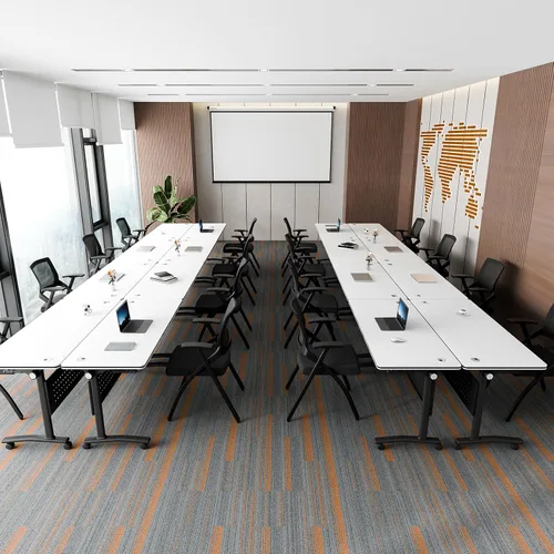 Vista 2 de Mesa de conferencias plegable con ruedas, mesa modular para sala de conferencias con 2 ojales para cables, mesas móviles de sala de reuniones