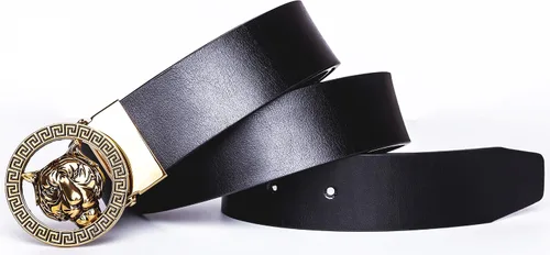 Vista 2 de Cinturón de cuero de vaca original con hebilla de tigre de oro y plata de lujo para hombre de 1.378 in