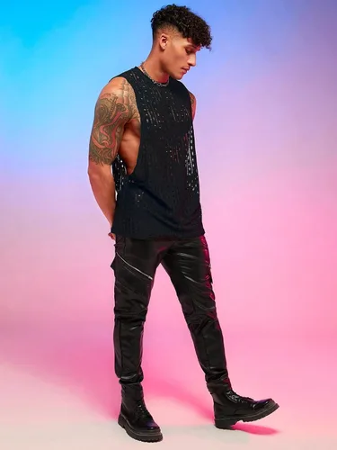 Vista 6 de WDIRARA Camiseta sin mangas con lentejuelas con purpurina y cuello redondo para hombre, corte abierto, para fiesta de club